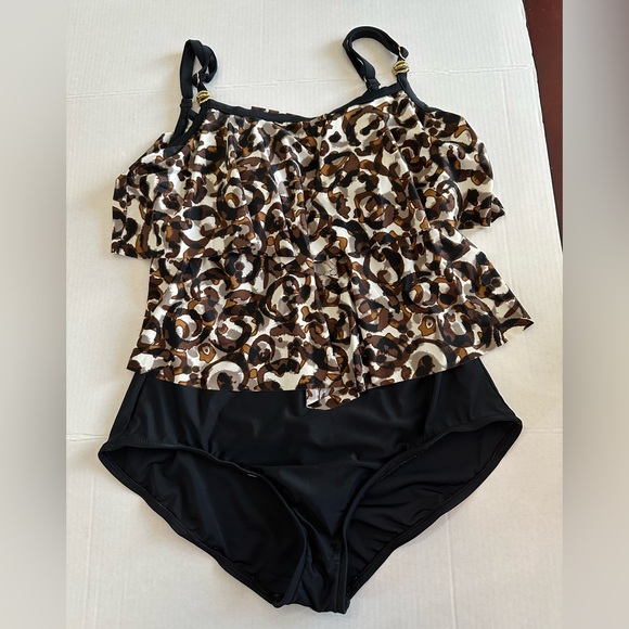 Maxine of Hollywood Ruffle Top One Piece Black & Brown Swimsuit size L/XL - Picture 4 of 10